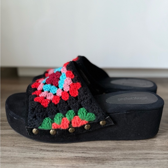 Jeffrey Campbell Nonna Crocheted Platform Slide Sandal In Black Suede Multi, 10M - Picture 4 of 7
